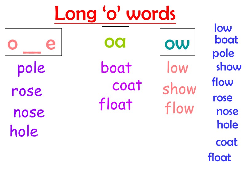 Long ‘o’ words low rose boat pole coat flow show nose hole float o